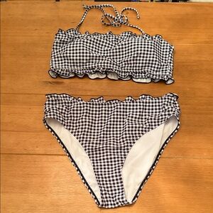Gingham Plaid High Waisted Bandeau Bikini Ruffle Trim